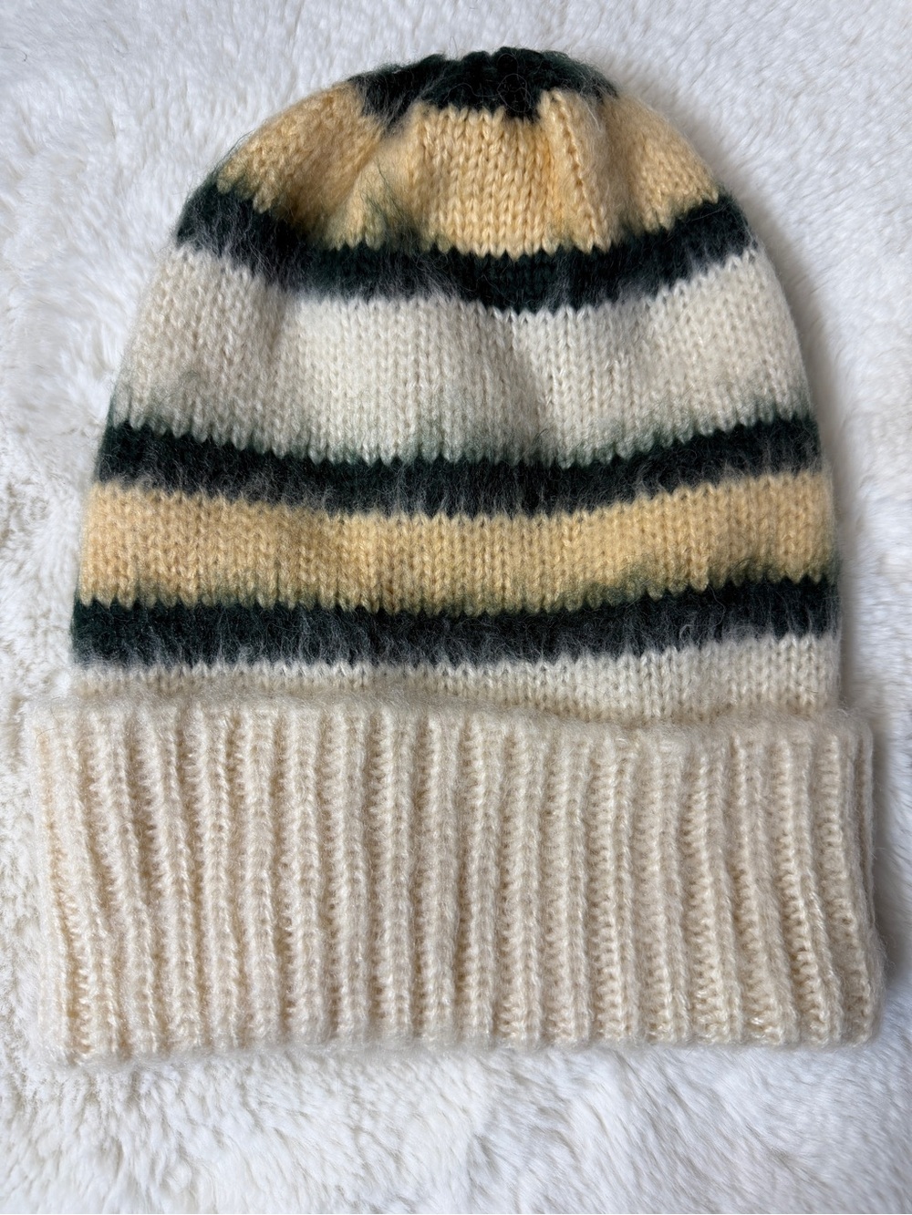 ☀️ Free People The Grove Striped Fuzzy Knit Beanie Hat Cream NWOT